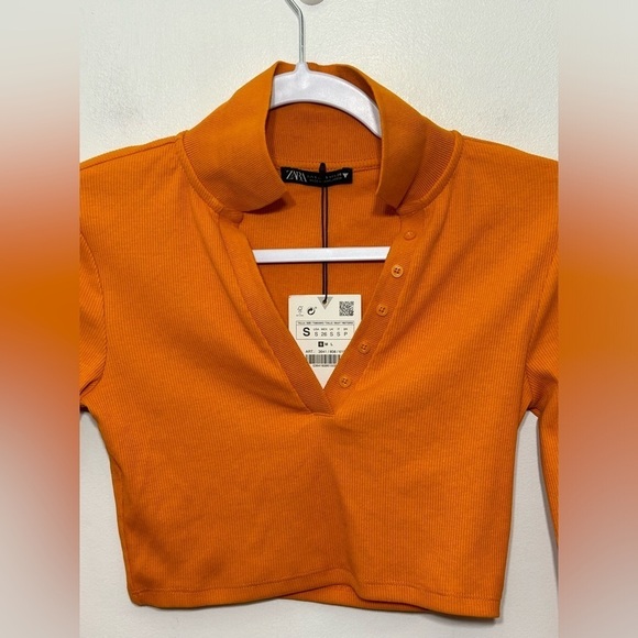 New! Zara Ribbed Long Sleeve Cropped Polo Shirt - Picture 4 of 9